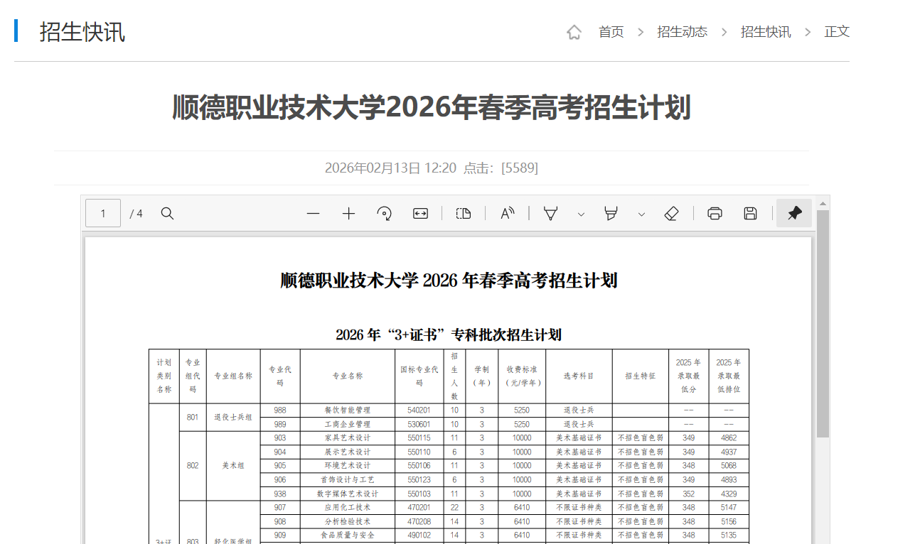 顺德职业技术大学 | 2026年春季高考招生计划