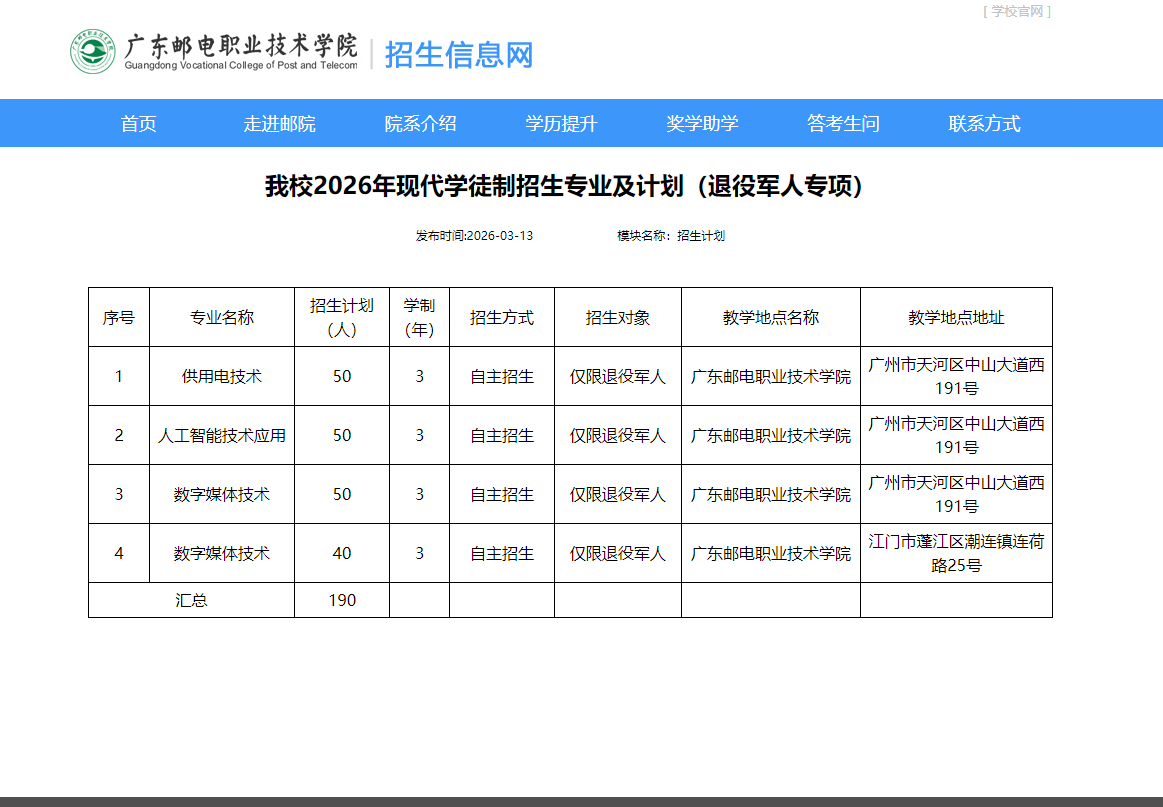 广东邮电职业技术学院 | 2026年现代学徒制招生专业及计划（退役军人专项）