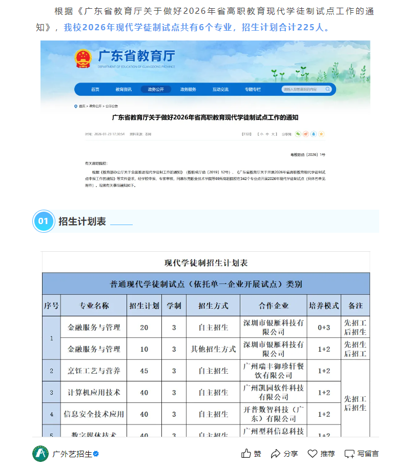 广东省外语艺术职业学院 | 2026年现代学徒制招生计划