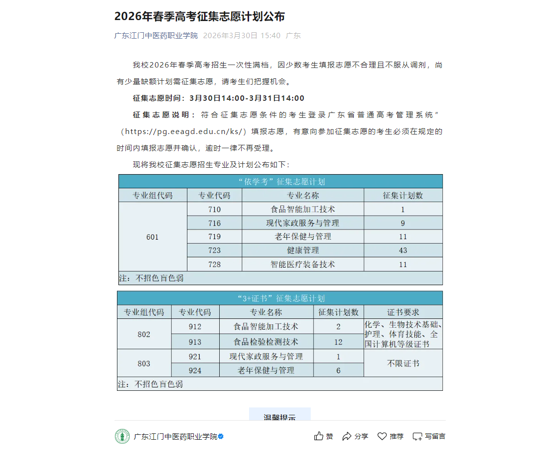 广东江门中医药职业学院 | 2026年春季高考征集志愿计划公布