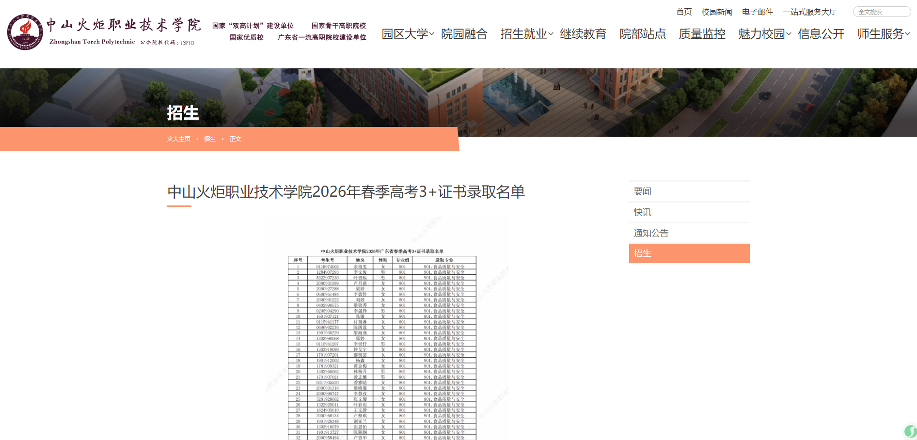 中山火炬职业技术学院 | 2026年春季高考3+证书录取名单