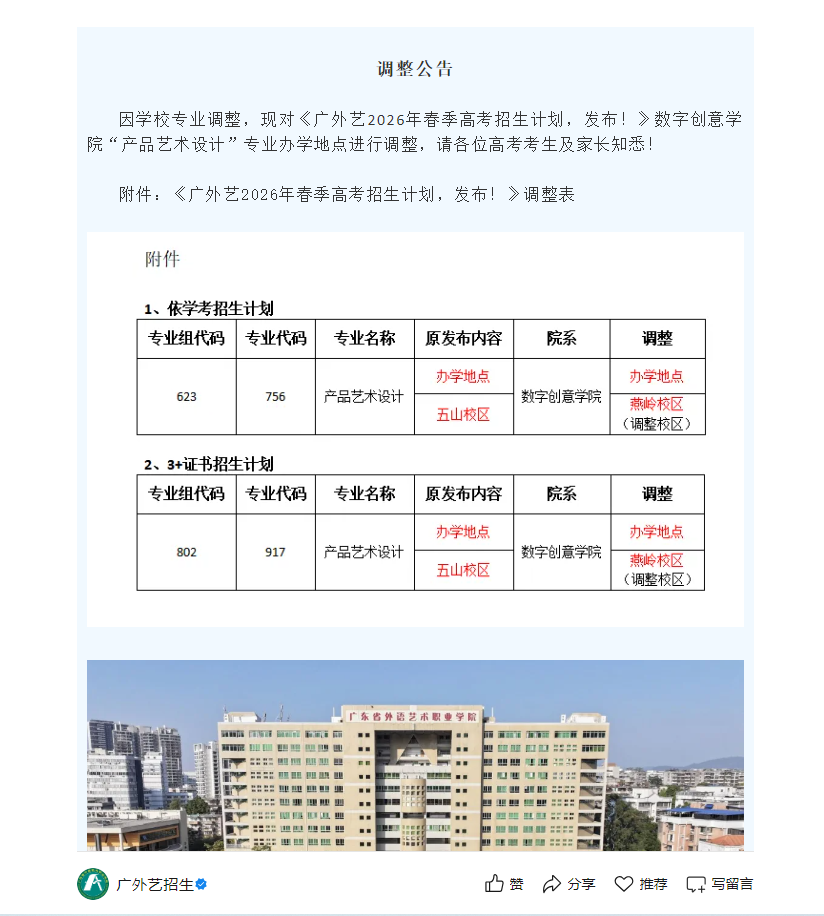 广东省外语艺术职业学院 | 2026年春季高考招生计划调整公告