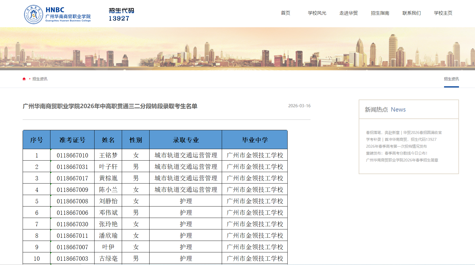 广州华南商贸职业学院 | 2026年中高职贯通三二分段转段录取考生名单