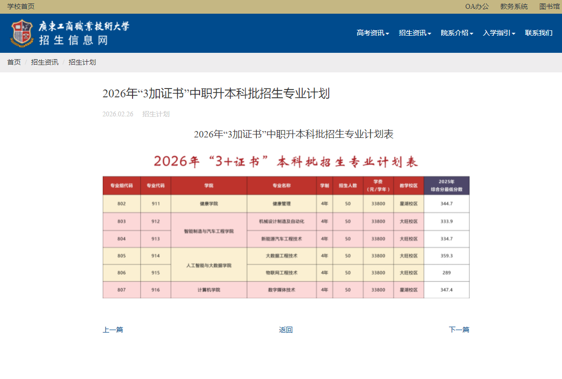 广东工商职业技术大学 | 2026年&ldquo;3加证书&rdquo;中职升本科批招生专业计划