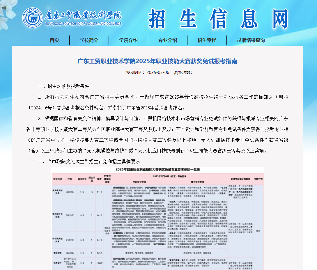 广东工贸职业技术学院 | 2025年职业技能大赛获奖免试报考指南