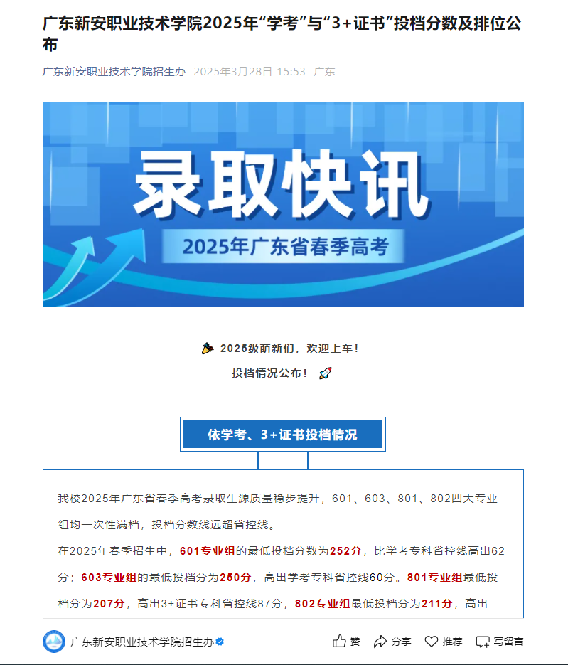 广东新安职业技术学院 | 2025年&ldquo;学考&rdquo;与&ldquo;3+证书&rdquo;投档分数及排位公布