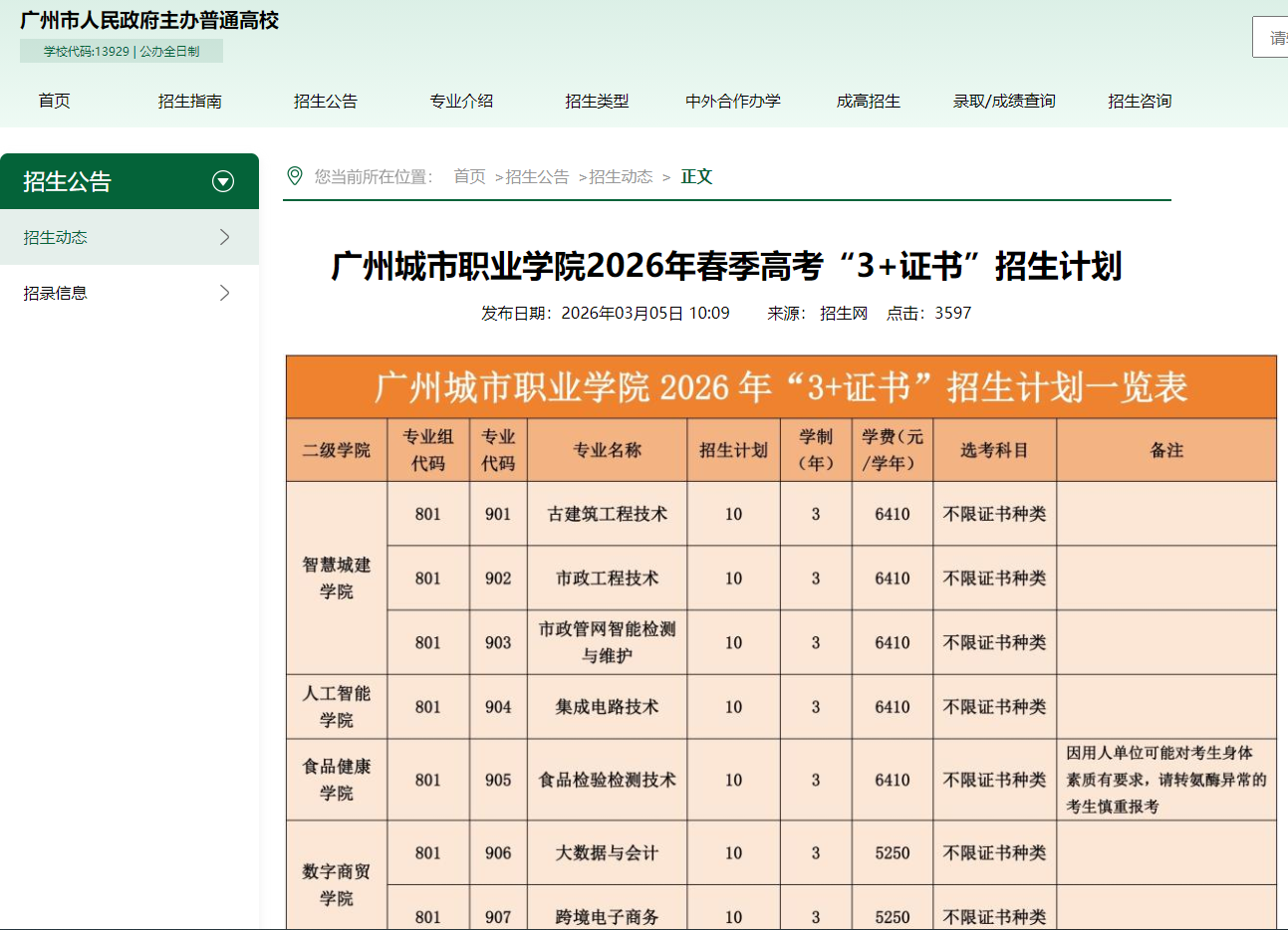 广州城市职业学院 | 2026年春季高考&ldquo;3+证书&rdquo;招生计划