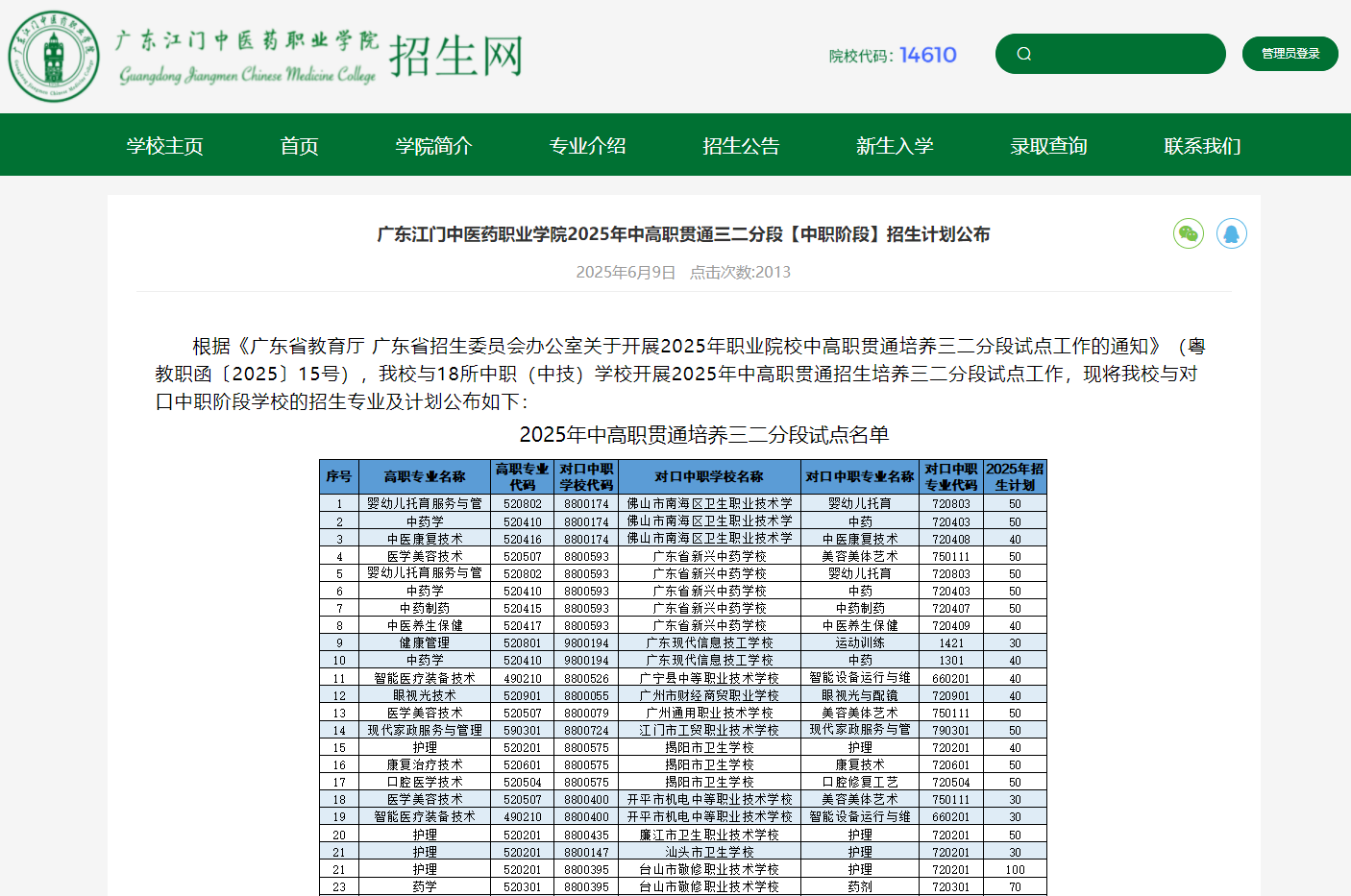 广东江门中医药职业学院 | 2025年中高职贯通三二分段【中职阶段】招生计划公布