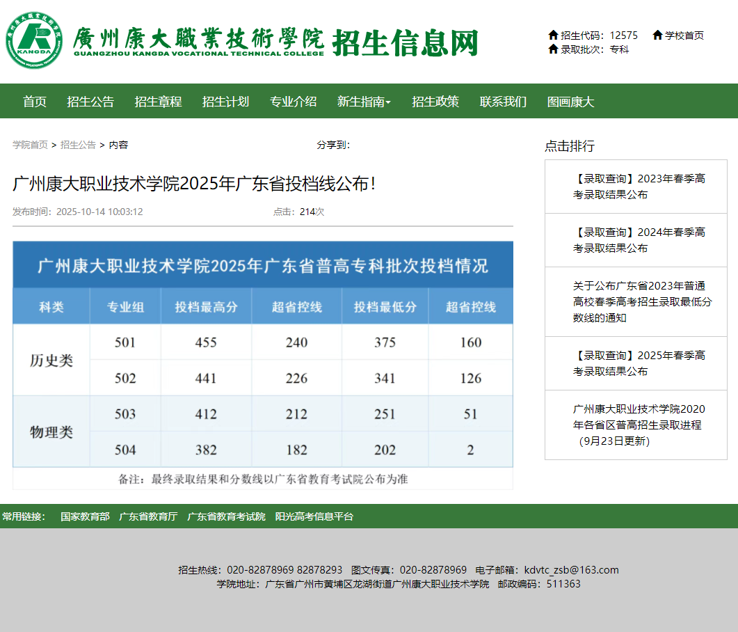 广州康大职业技术学院 | 2025年广东省投档线公布