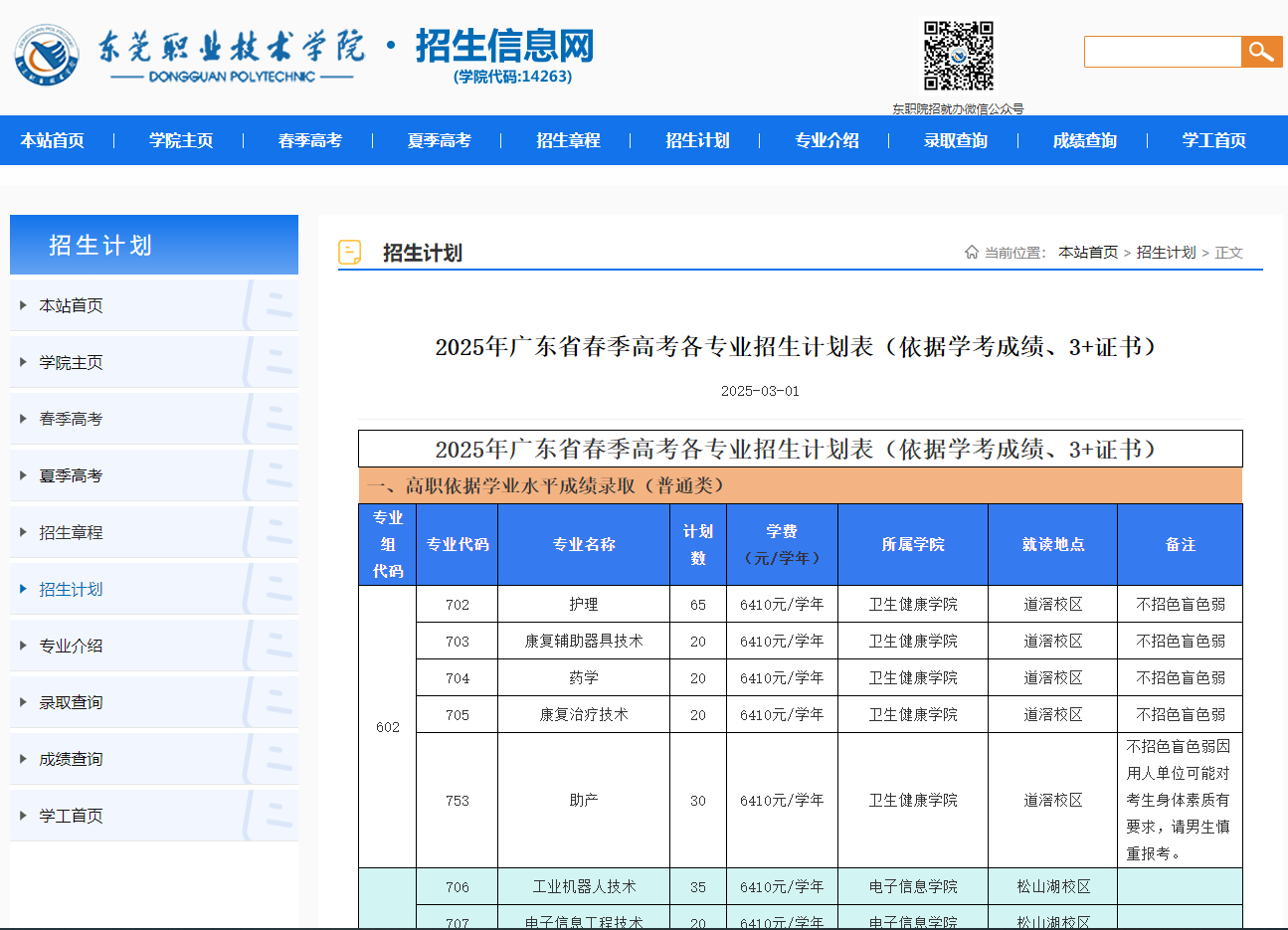 东莞职业技术学院 | 2025年广东省春季高考各专业招生计划表（依据学考成绩、3+证书）