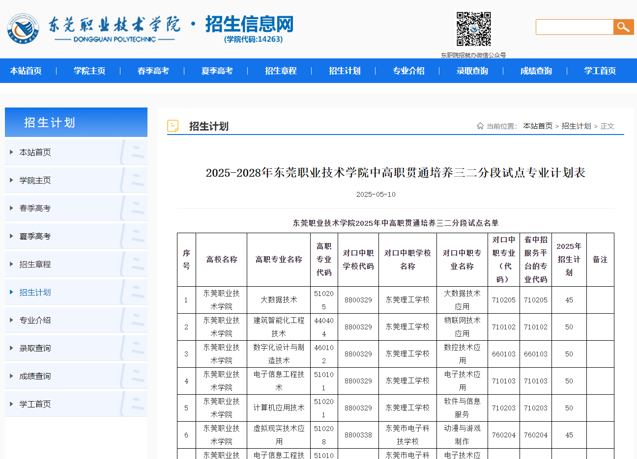 东莞职业技术学院 | 2025-2028年东莞职业技术学院中高职贯通培养三二分段试点专业计划表