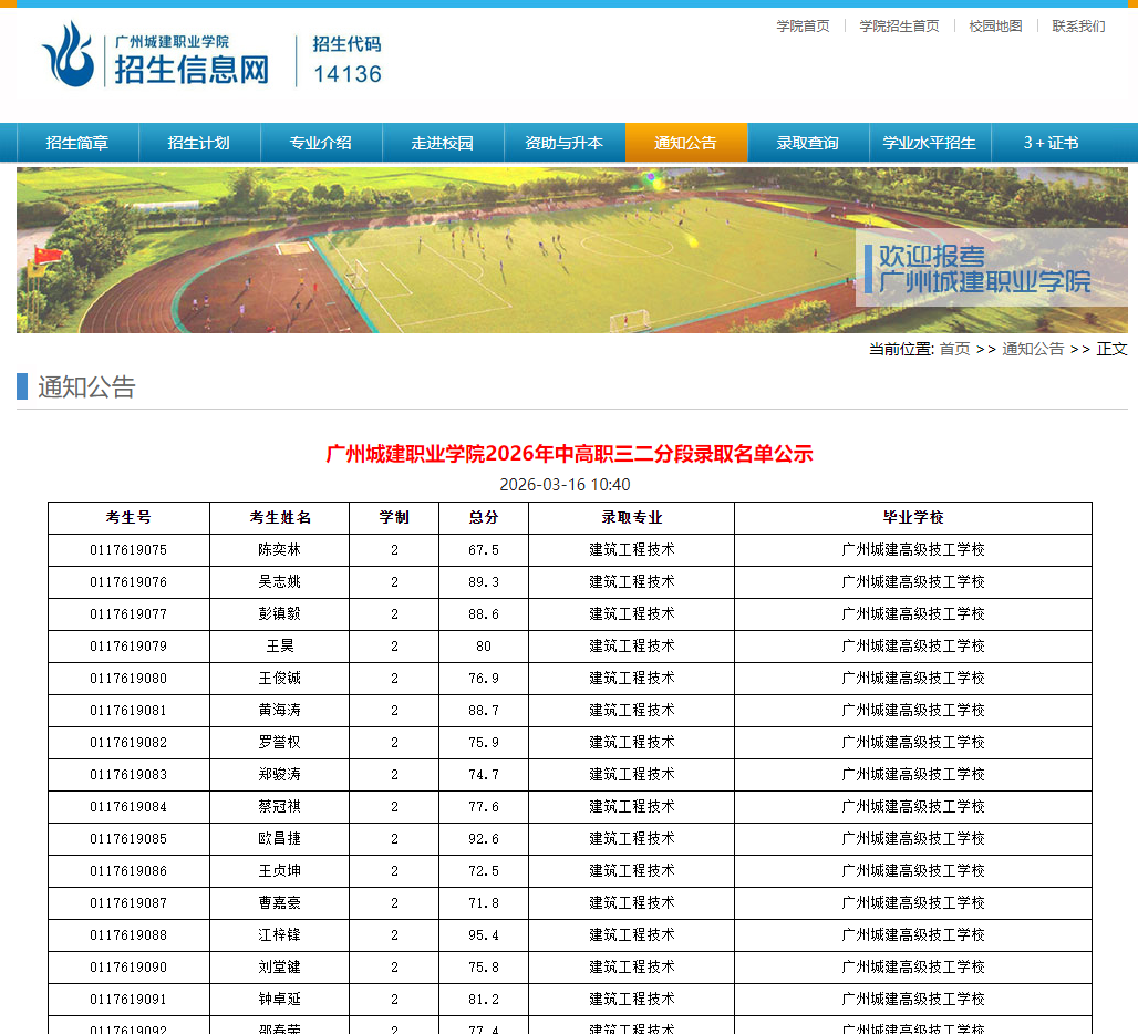 广州城建职业学院 | 2026年中高职三二分段录取名单