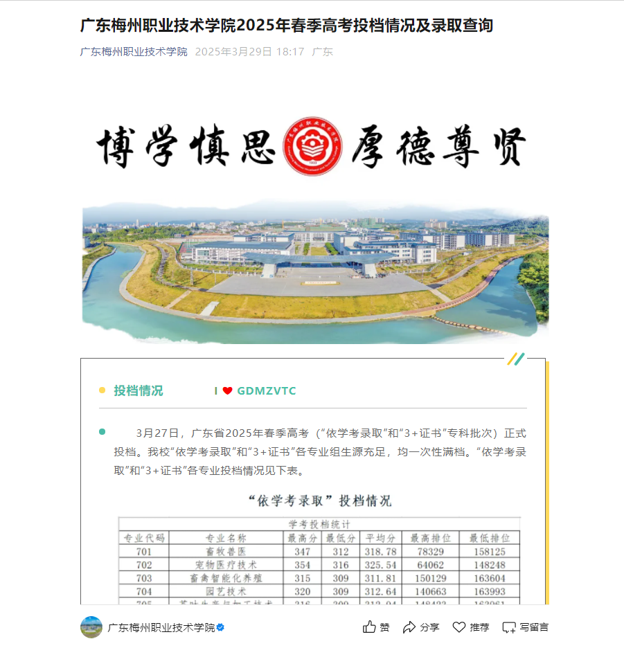 广东梅州职业技术学院 | 2025年春季高考投档情况及录取查询