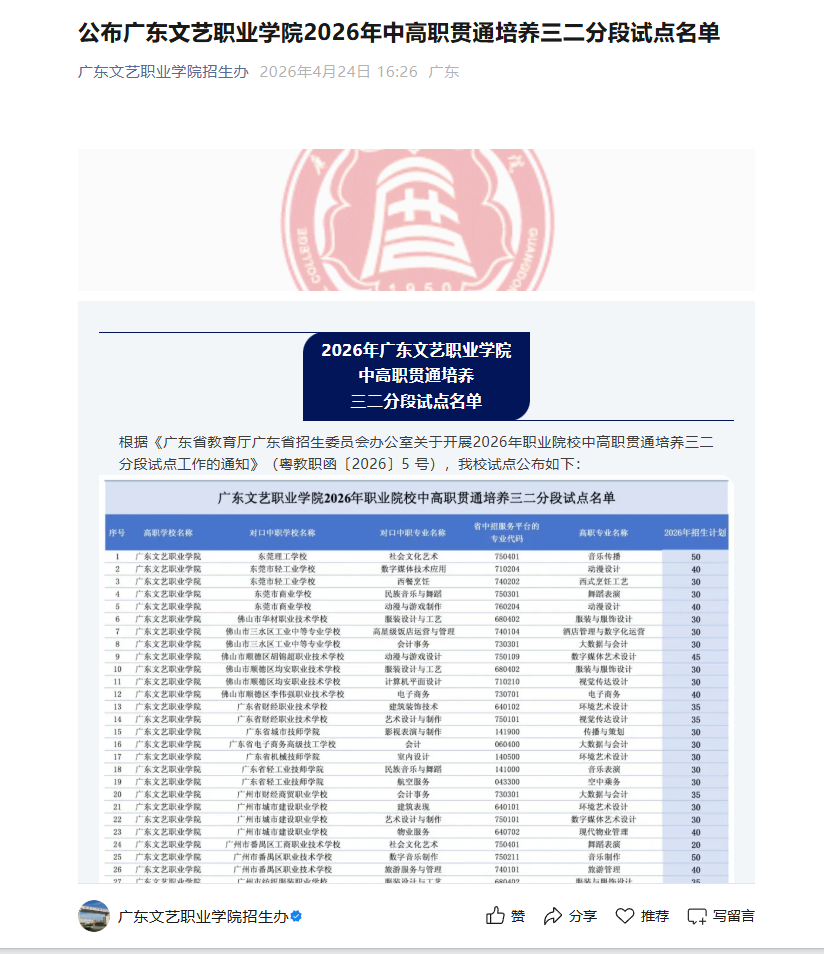 广东文艺职业学院 | 公布2026年中高职贯通培养三二分段试点名单