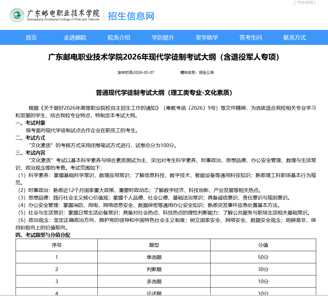 广东邮电职业技术学院 | 2026年现代学徒制考试大纲（含退役军人专项）
