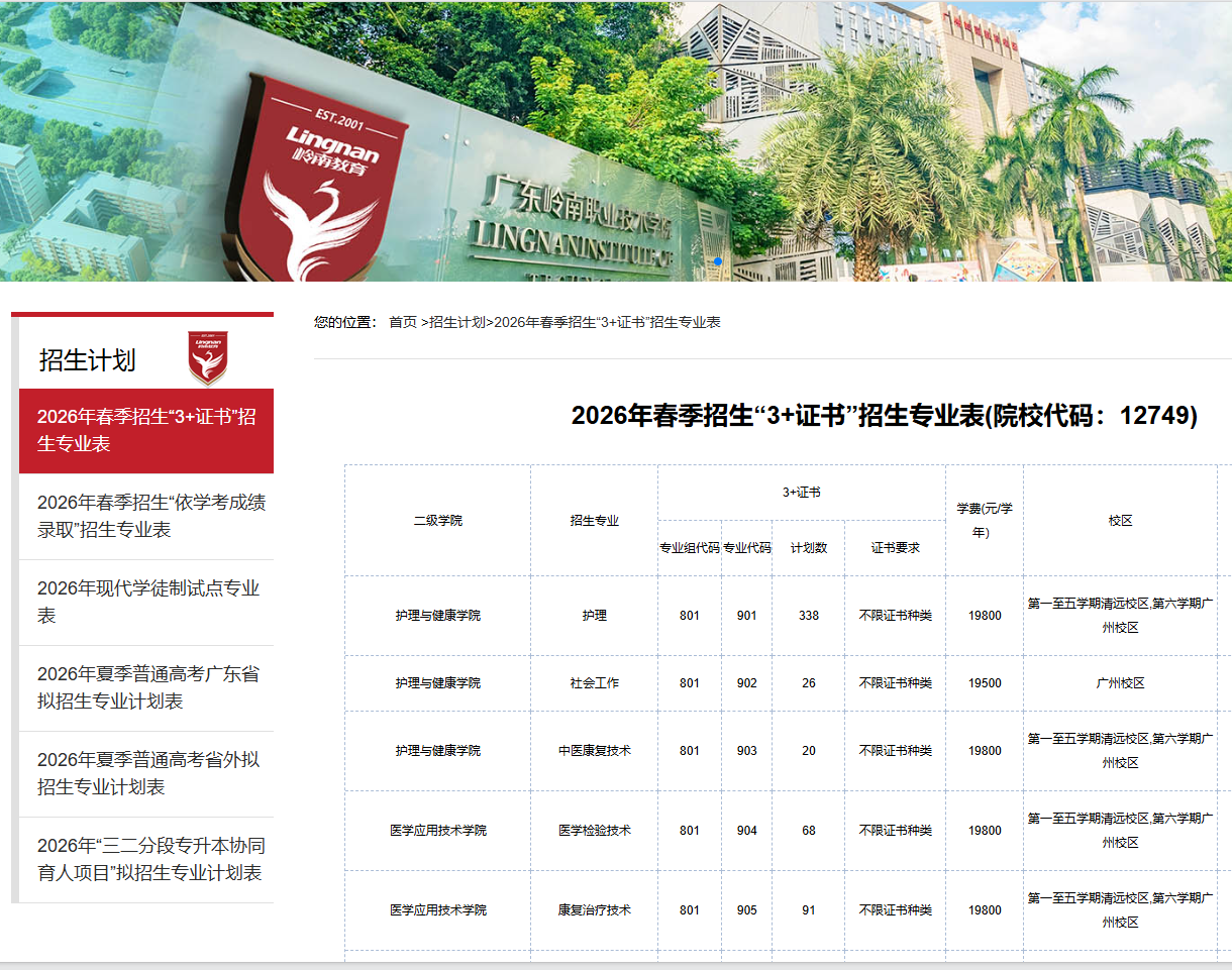 广东岭南职业技术学院 | 2026年春季招生&ldquo;3+证书&rdquo;招生专业表