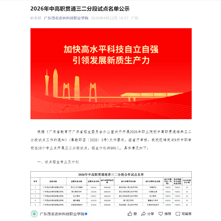 广东茂名农林科技职业学院 | 2026年自主招生（现代学徒制）招生简章