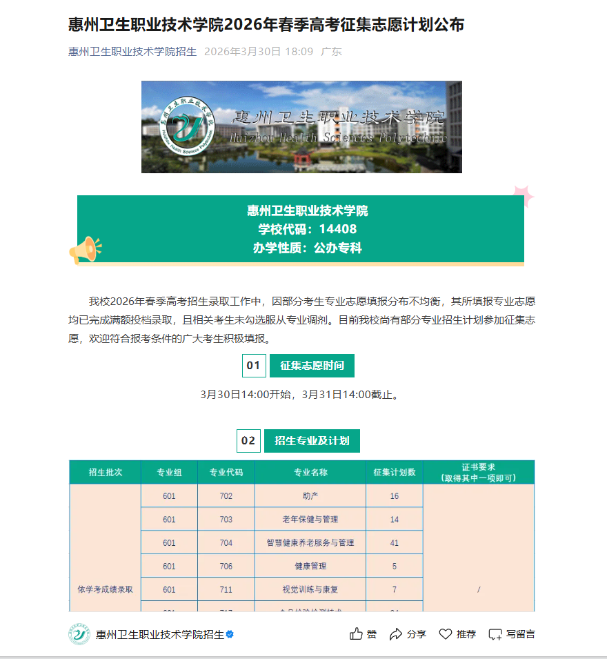 惠州卫生职业技术学院 | 2026年春季高考征集志愿计划公布