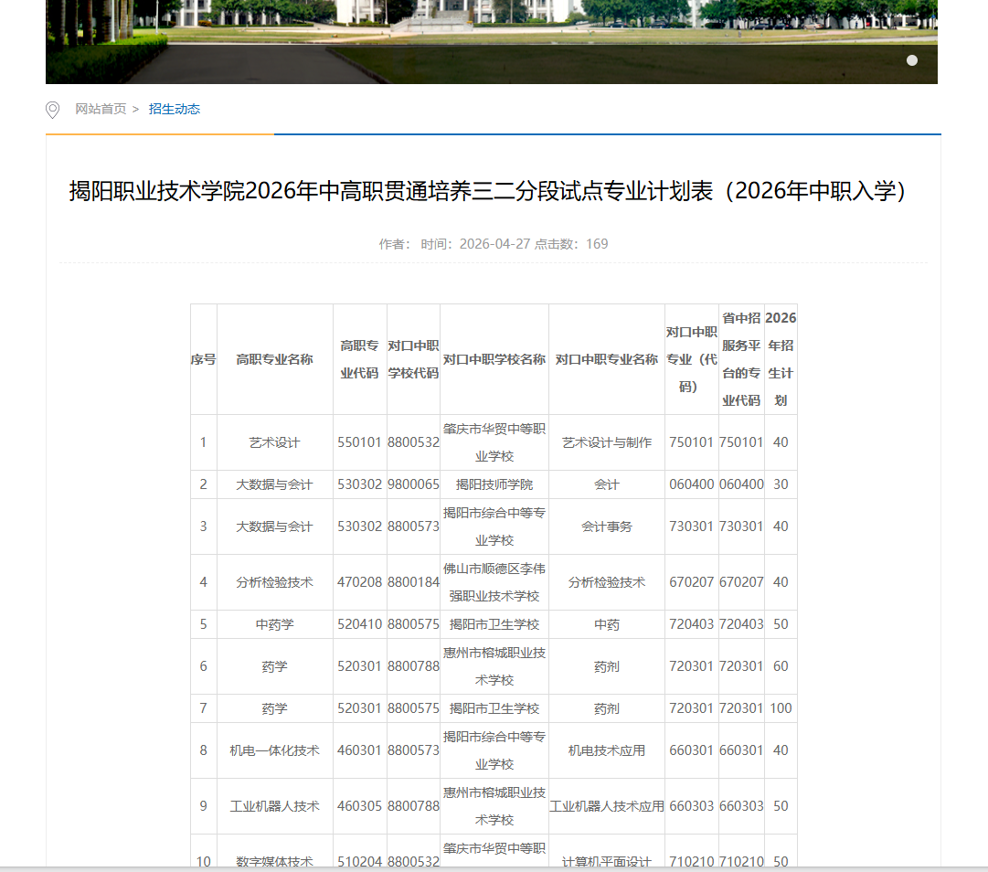 揭阳职业技术学院 | 2026年中高职贯通培养三二分段试点专业计划表（2026年中职入学）