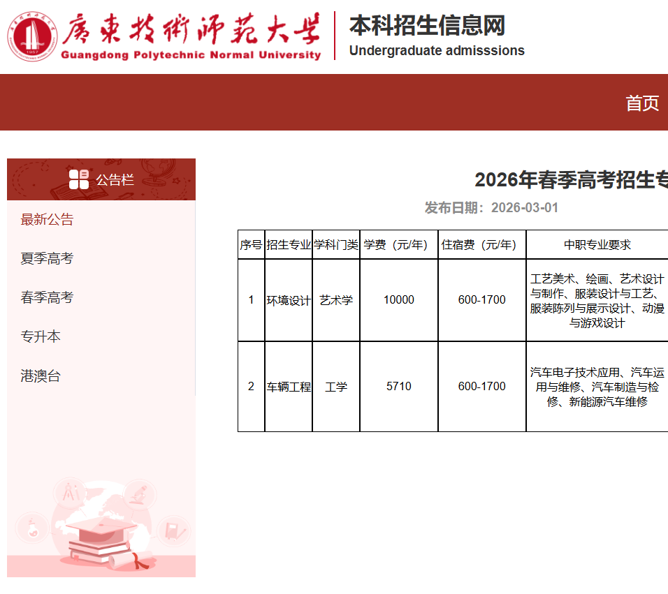 广东技术师范大学 | 2026年春季高考招生计划