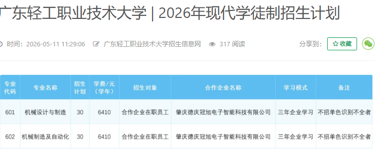 广东轻工职业技术大学 | 2026年现代学徒制招生计划
