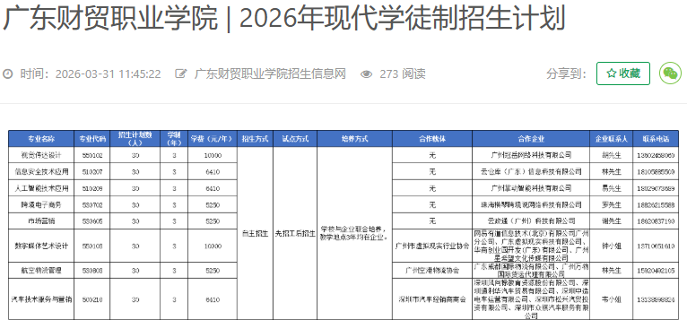 广东财贸职业学院 | 2026年现代学徒制招生计划
