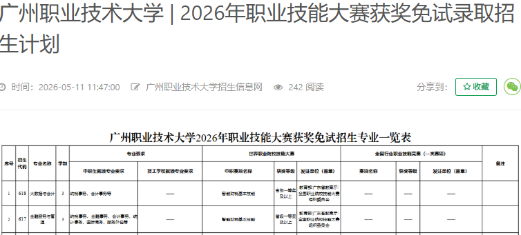 广州职业技术大学 | 2026年职业技能大赛获奖免试录取招生计划