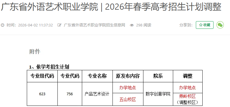 广东省外语艺术职业学院 | 2026年春季高考招生计划调整