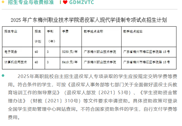 广东梅州职业技术学院 | 2025年自主招生退役军人现代学徒制专项试点招生简章