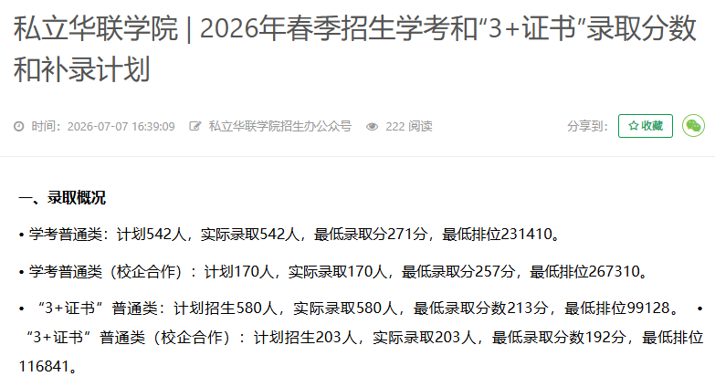 私立华联学院 | 2026年春季招生学考和&ldquo;3+证书&rdquo;录取分数和补录计划