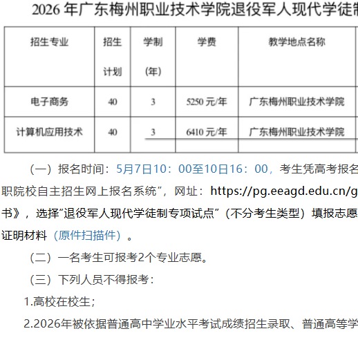 广东梅州职业技术学院 | 2026年自主招生退役军人现代学徒制专项试点招生计划